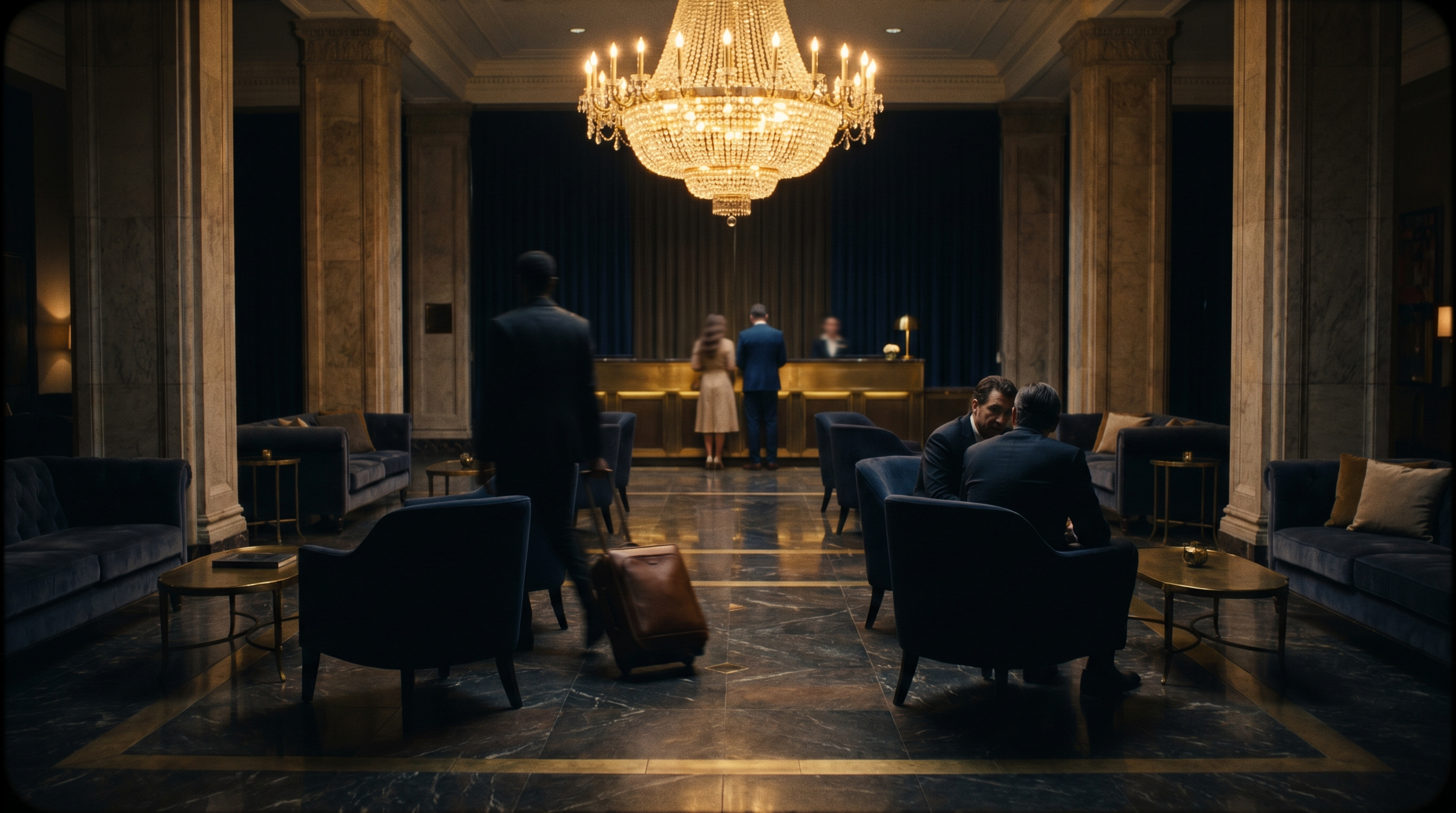 Luxuriöse Hotel-Lobby in der frühen Abendstunde mit Gästen